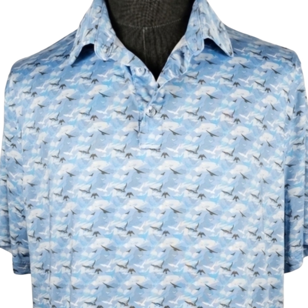 1764 Men's Blue Bird Patterned Poly Blend Casual Sport Golf Polo Size XL
